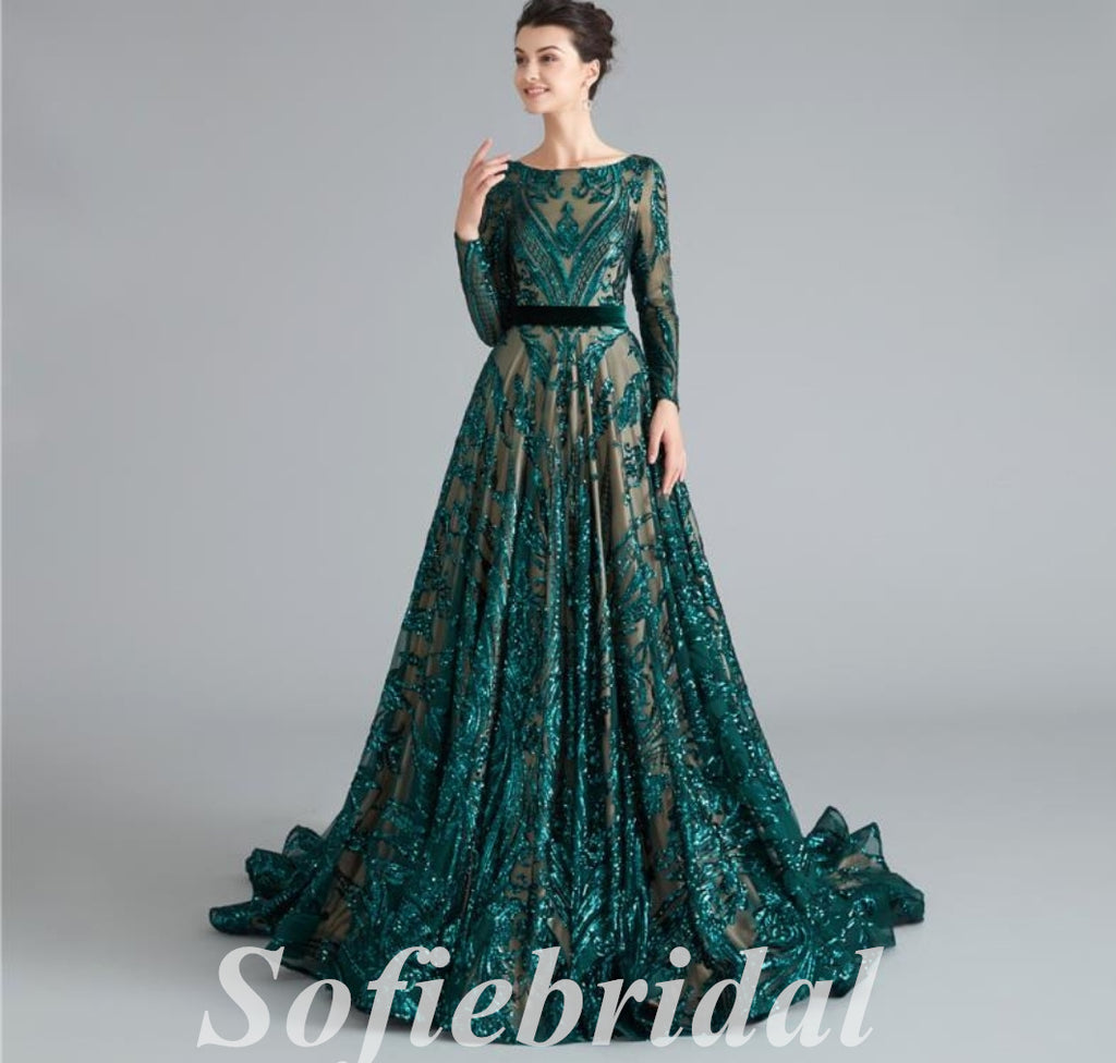 Elegant Tulle And Sequin Lace Long sleeves A-Line Long Prom Dresses, PD0822