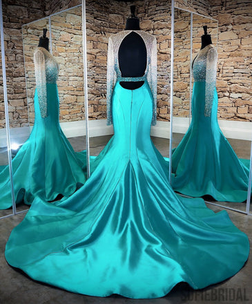 Long Sleeves Beaded Sexy Mermaid Satin Prom Dresses, PD0798