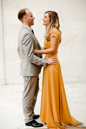 Newest Sheath V-neck Short Sleeves Long Bridesmaid Dresses With Split, BD1058