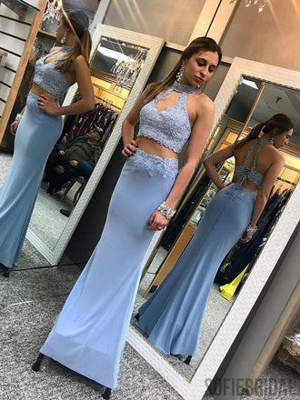 Halter Mermaid Two Pieces Lace Up Back Prom Dresses, PD0053