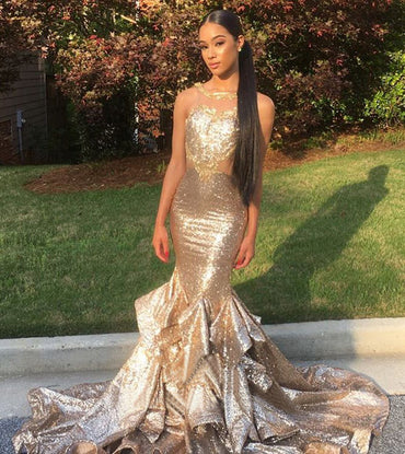 Mismatched Gold Sequin Mermaid Sexy Prom Dresses, PD0889