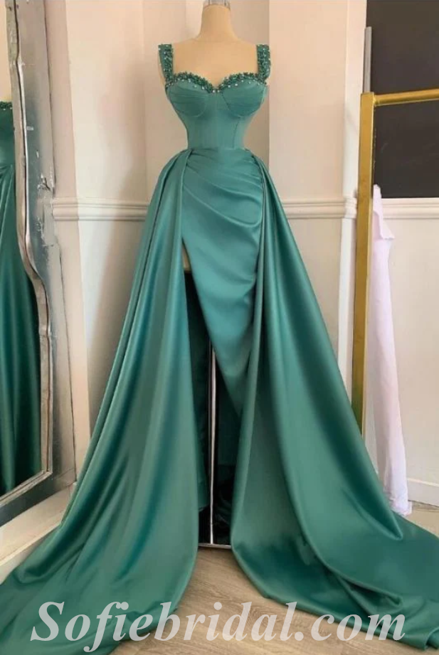 Sexy Satin Spaghetti Straps V-Neck Sleeveless Side Slit Mermaid Long Prom Dresses,SFPD0482