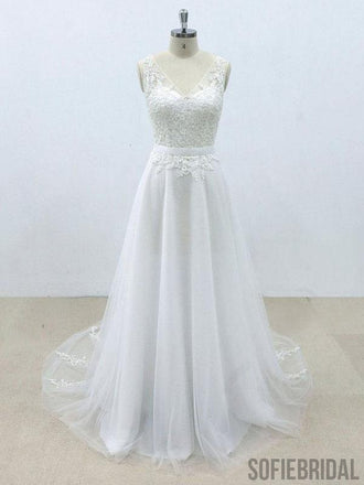 Simple V Neck Tulle Skirt Lace A-line Wedding Dresses Online, WD394