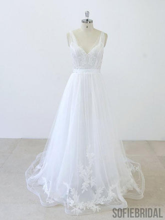 Simple V Neck Lace Chapel Tail A-line White Wedding Dresses Online, WD372