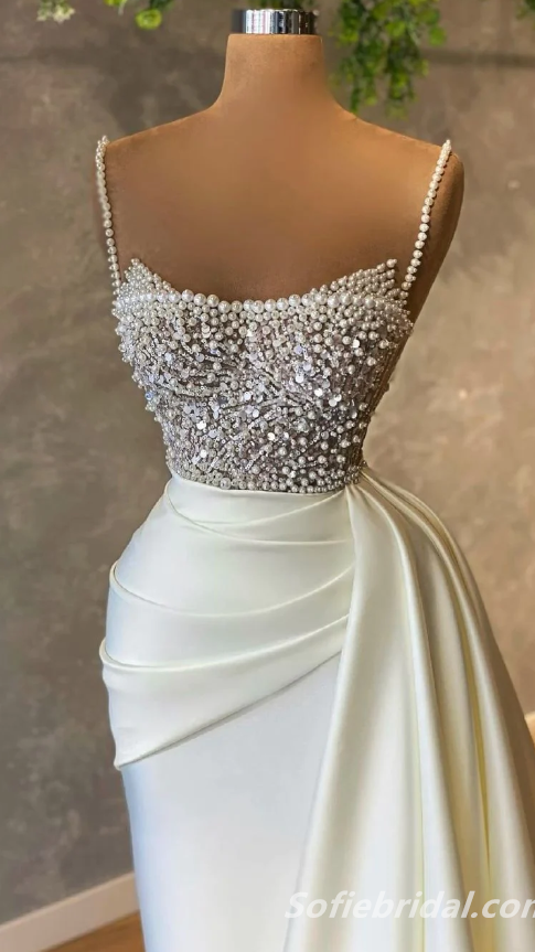 Elegant White Satin Spaghetti Straps Mermaid Evening Prom dresses With Beadings,SFPD0208