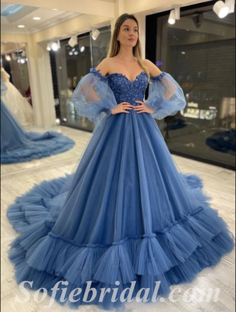Elegant Tulle Off Shoulder V-Neck Long Sleeve A-Line Long Prom Dresses/Ball Gown With Applique,SFPD0519