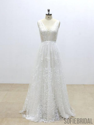 Simple V Neck Lace Cheap A-line Wedding Dresses Online, WD371