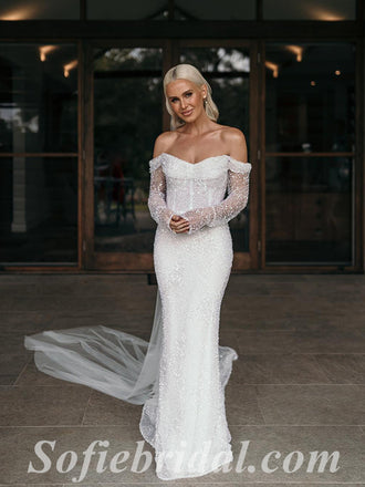 Shiny Elegant Off Shoulder Long Sleeve Mermaid Long Wedding Dresses,SFWD0071
