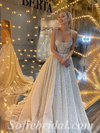 Shiny Elegant Spaghetti Straps Sleeveless A-Line Long Wedding Dresses,SFWD0072