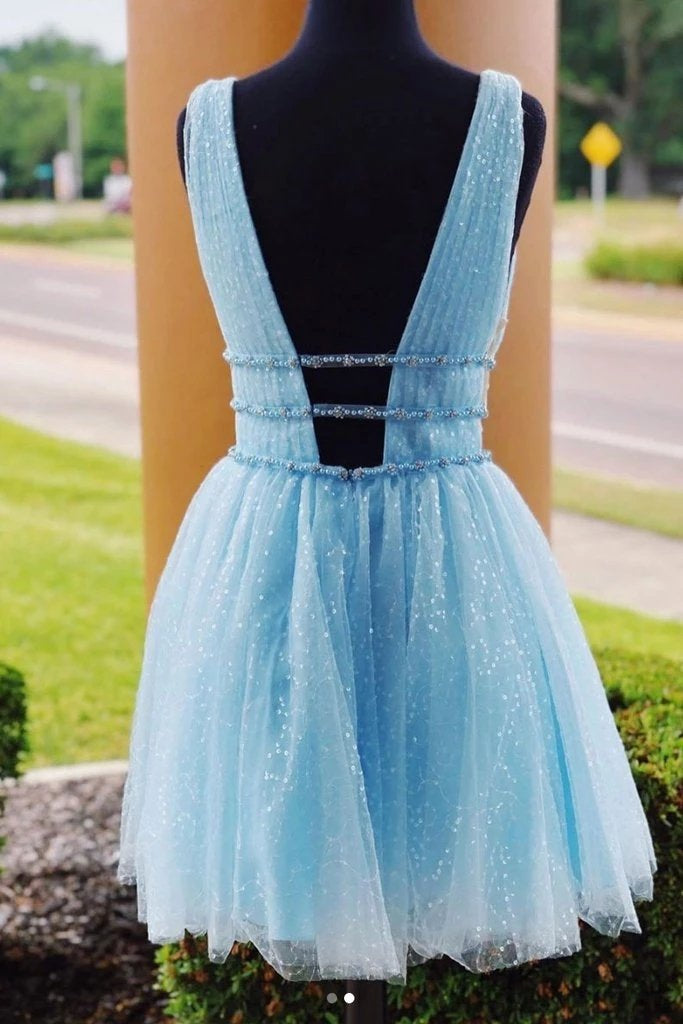 A-line Deep V-neck Beading Backless Tulle Short Homecoming Dress, HD0154