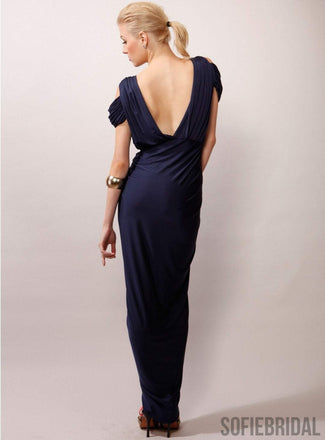 V-neck Boho Navy Jersey Beach Wedding Bridesmaid Dresses, Cheap Popular Bridesmaid Dresses, PD0310