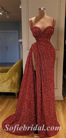 Sexy Rust Sequin Spaghetti Straps V-Neck Side Slit Mermaid Long Prom Dresses,SFPD0584