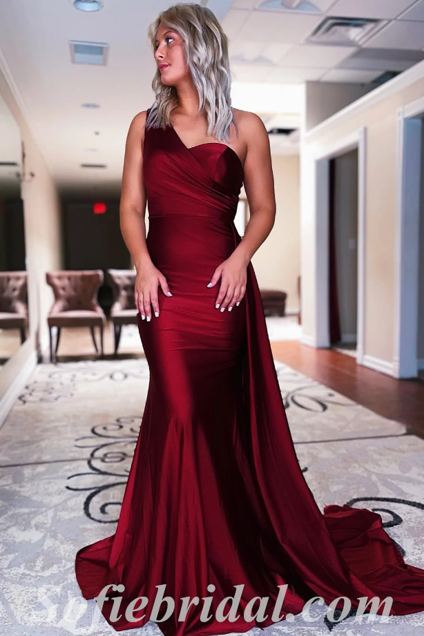 Sexy Satin One Shoulder Mermaid Long Prom Dresses With Trailing,SFPD0475