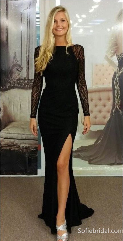 Black Jersey Lce Backless Long Sleeve Prom Dress, Evening Gown With Side Slit,SFPD0201