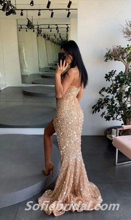 Shiny Sequin Spaghetti Straps V-Neck Side Slit Mermaid Long Prom Dresses,SFPD0313