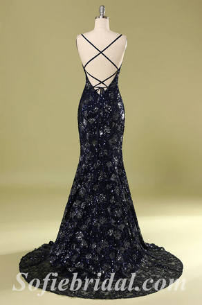 Sexy Special Fabric Spaghetti Straps V-Neck Criss-Cross Lace Up Back Mermaid Long Prom Dresses,SFPD0417