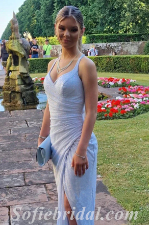 Charming Sequin Spaghetti Straps Sleeveless Criss Cross Mermaid Long Prom Dresses With Split,SFPD0487