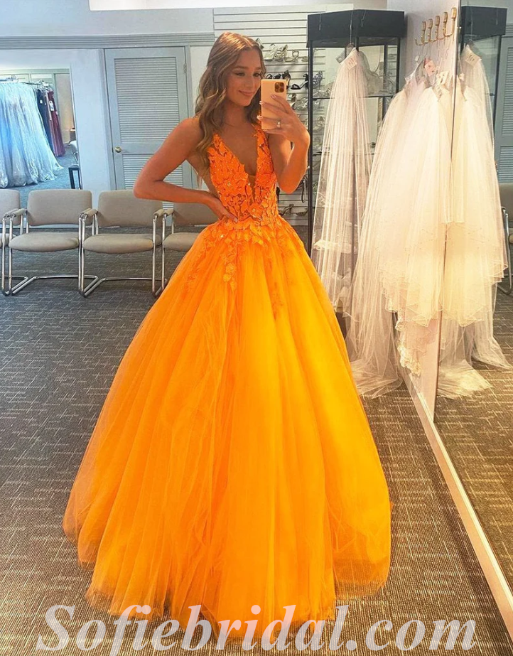 Elegant Orange Tulle Spaghetti Straps V-Neck A-Line Long Prom Dresses With Applique,SFPD0472