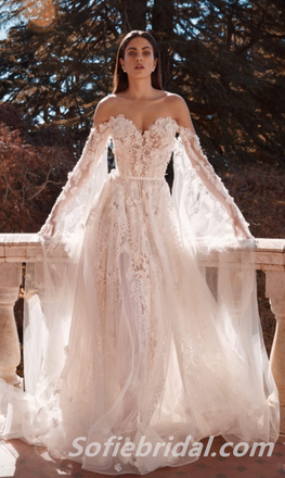 Gorgeous Tulle And Lace Ivory Sweetheart Long Sleeves Wedding Dresses With Applique,SFWD0062