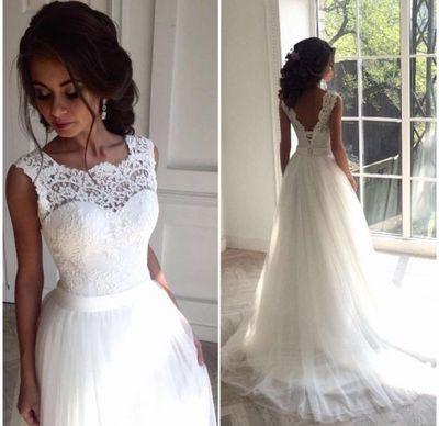 Round Neck V-neck Illusion Lace Tulle Lace Up Wedding Dresses, WD0214