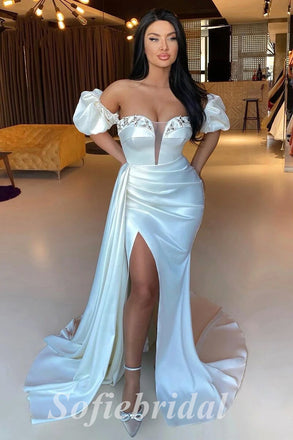 Sexy Satin Off Shoulder V-Neck Side Slit Mermaid Long Prom Dresses With Trailing,PD0755