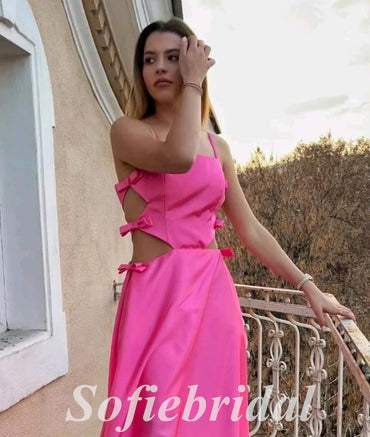 Sexy Satin Spaghetti Straps Sleeveless A-Line Long Prom Dresses, PD0837