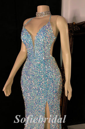 Sexy Shiny Sequin Spaghetti Straps V-Neck Sleeveless Criss Cross Lace Up Side Slit Mermaid Long prom Dresses,SFPD0712