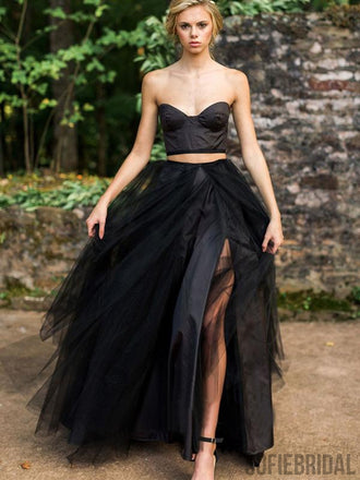 2 Pieces Black Satin Top Tulle Prom Dresses, Unique Black Prom Dresses, PD0888