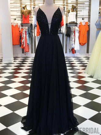 Spaghetti Long A-line Chiffon Beaded Black Prom Dresses, PD0887