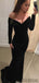 Off Shoulder Long Sleeves Mermaid Black Velvet Prom Dresses, PD0861