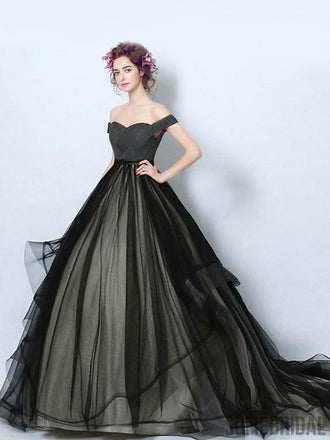 Off Shoulder Long A-line Black Tulle Simple Prom Dresses, PD0960