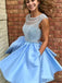 Open Back Blue Cap Sleeve Heavily Beaded Bateau Cute Homecoming Dresses 2018, CM472