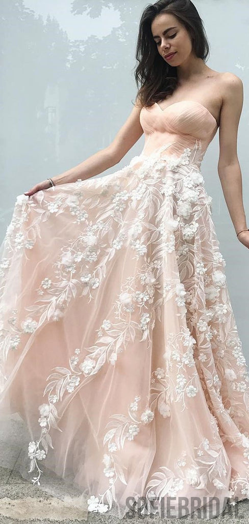 Sweetheart Long Prom Dresses, Blush Pink Prom Dresses, Lace Prom Dresses, PD0739
