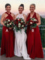 Halter Floor-length Deep V-neck Red Long Bridesmaid Dresses, BD1034