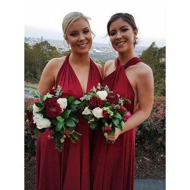 Halter Floor-length Deep V-neck Red Long Bridesmaid Dresses, BD1034