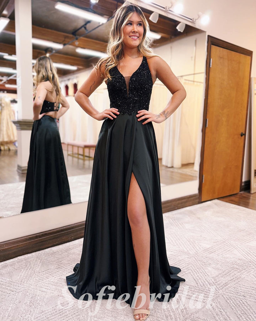 Elegant Sequin And Satin Spaghetti Straps V-Neck Sleeveless Lace Up Side Slit A-Line Long Prom Dresses,SFPD0692
