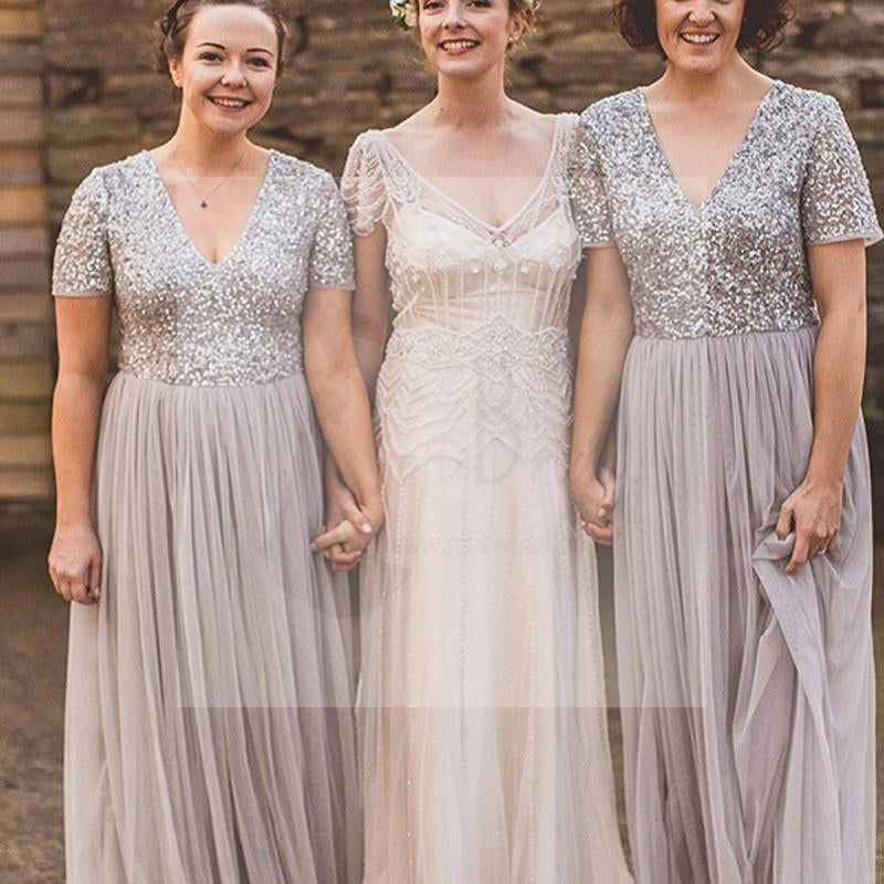 Short Sleeve Sequin Top Tulle Bridesmaid Dresses, Grey Bridesmaid Dresses, Bridesmaid Dresses, WG01