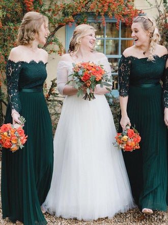 Off Shoulder Long Sleeves Emerald Green Bridesmaid Dresses, PD0898