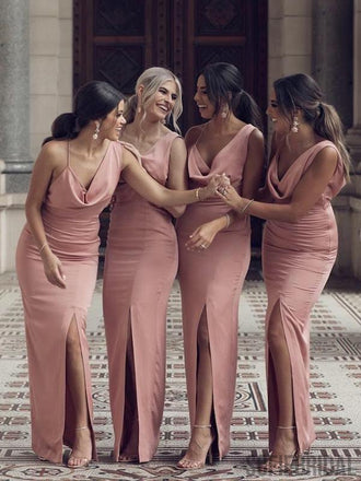 Sexy Mermaid Long Side Slit Dusty Pink Bridesmaid Dresses, PD0968