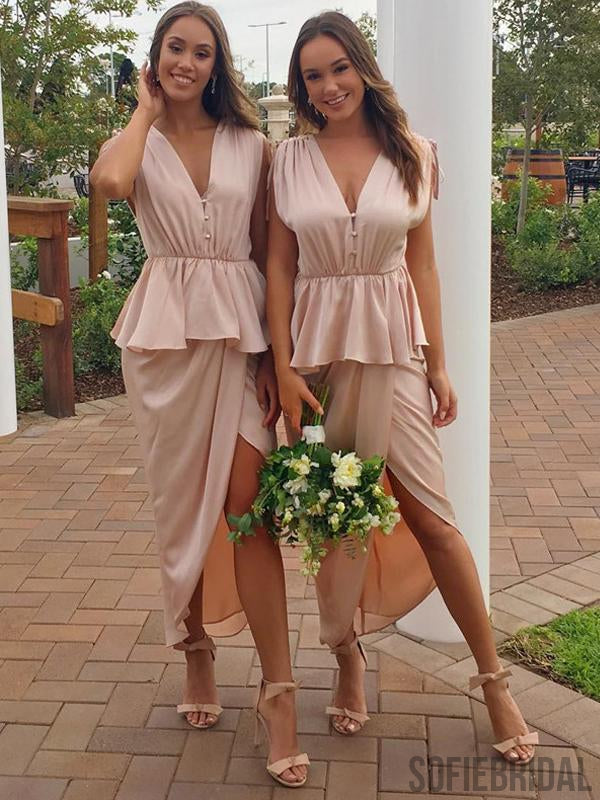 V-neck Nude Long Ankle Length Bridesmaid Dresses, PD0915