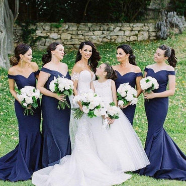 Off Shoulder Navy Bridesmaid Dresses, Mermaid Bridesmaid Dresses, Long Bridesmaid Dresses, WG108