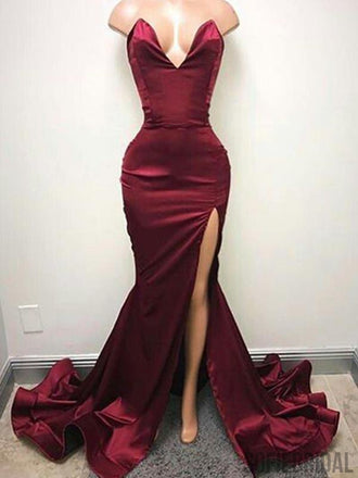 Sexy V-neck Long Mermaid Side Slit Satin Prom Dresses, PD0878