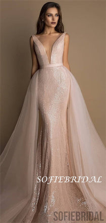 Mermaid Deep V-neck Sleeveless Sparkly Detachable Tulle Prom Dresses, PD0119