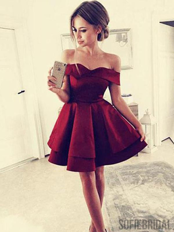 Cheap Simple Off Shoulder Dark Red Homecoming Dresses 2018, CM443