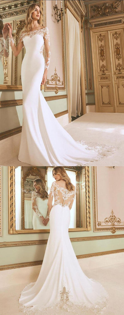 Elegant Soft Satin And Lace Long Sleeve Mermaid Long Dress With Applique,SFWD0055