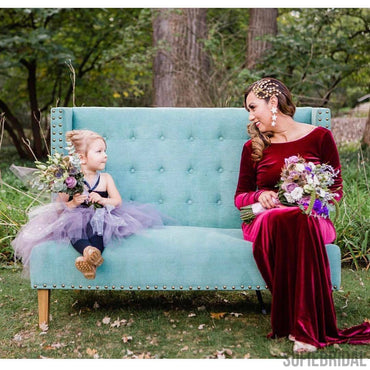 Sheath Long Sleeves V-back Long Burgundy Velvet Bridesmaid Dresses, BD1062