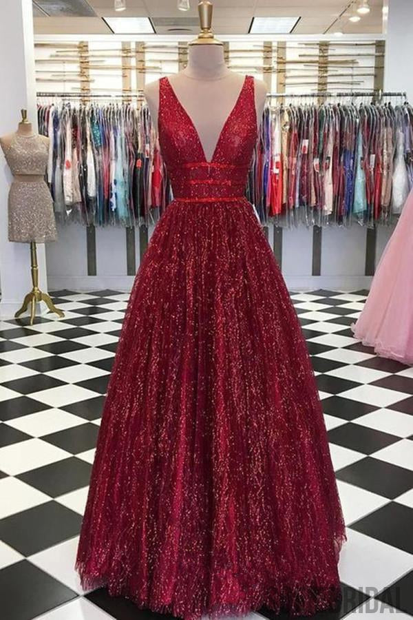 A-line Floor-length Sleeveless Deep V-neck Red Prom Dresses, PD0054