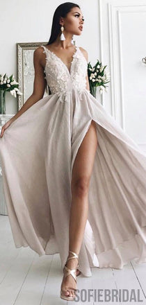 V-neck Long Side Slit Ivory Lace Appliques Prom Dresses, Cheap Prom Dresses, PD0767