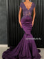 Mermaid V-neck Short Sleeves Lace Top Long Purple Prom Dresses, PD1050