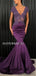 Mermaid V-neck Short Sleeves Lace Top Long Purple Prom Dresses, PD1050